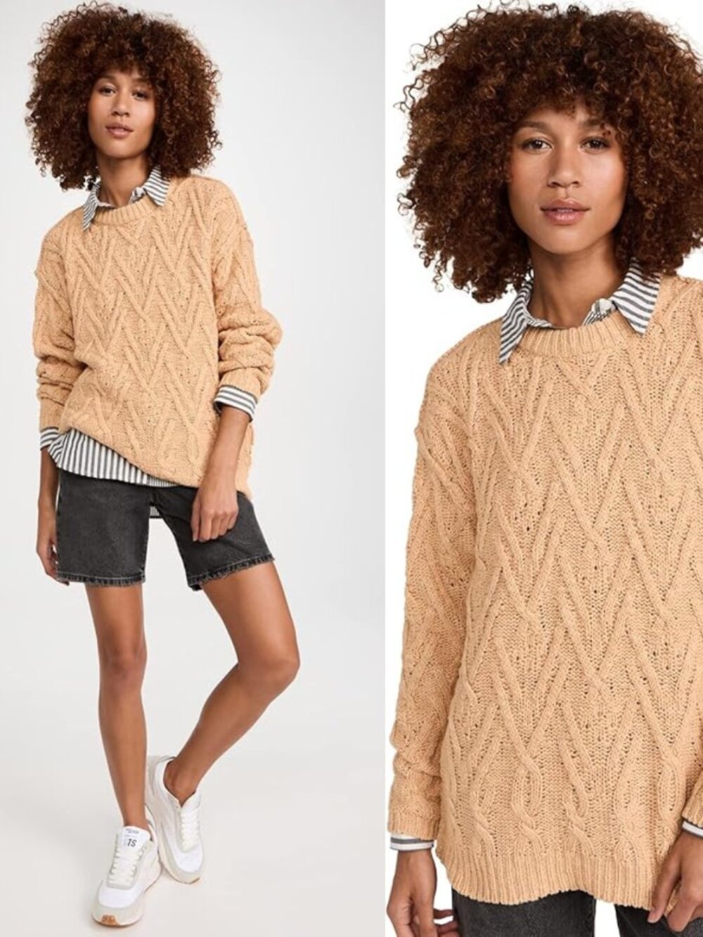 Free People Women's Isla Cable Knit Sweater in Camel Size Small